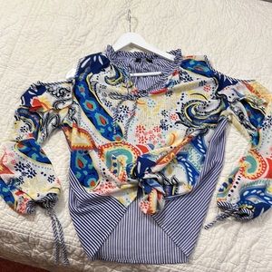 Floral & paisley top, Blue & white strip back. Sz XL Open shoulder with ruffles.